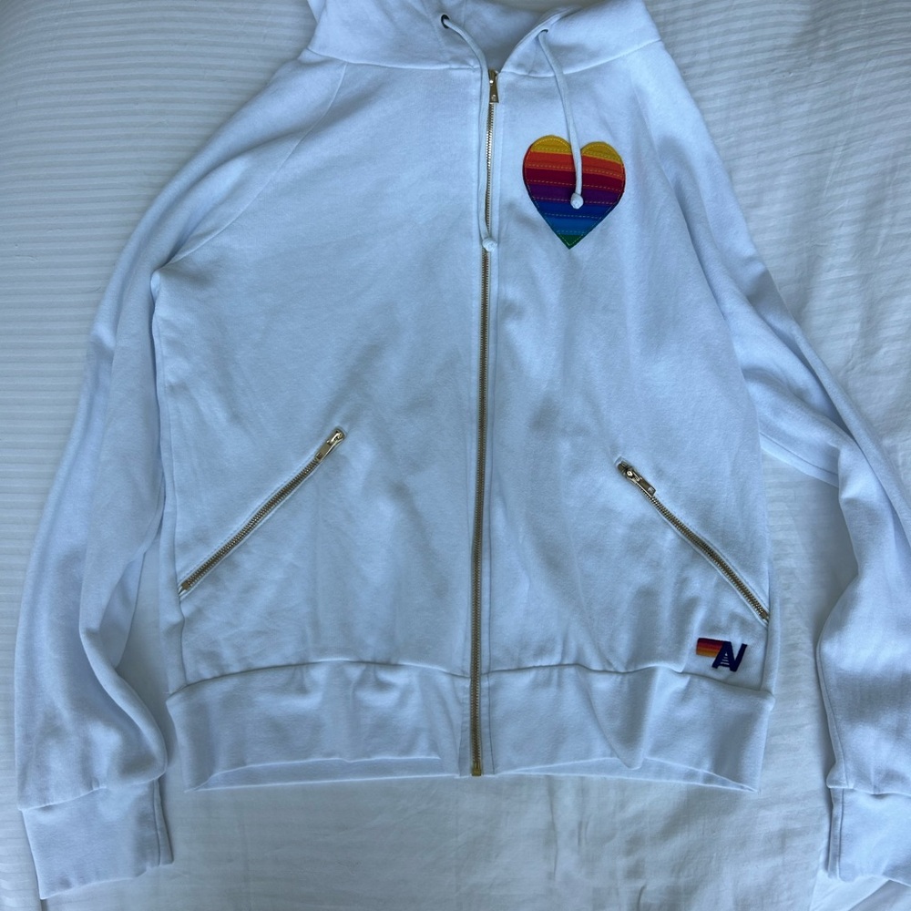 Aviator Nation White Hoodie with Rainbow Detail